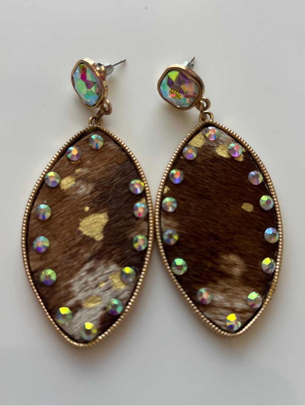 Iridescent AB Crystal-Embellished Brown Cowhide Drop Earrings